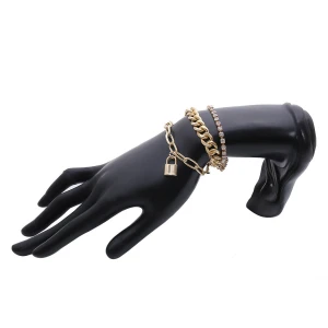 3pcs Women Hips Hop Gold Color Crystal Thick Link Chain Bracelet set Chunky Chain Lock Charm Bracelet