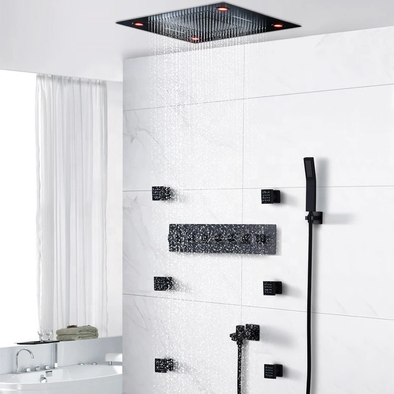 6 Functions High Pressure Bathroom Black Shower Faucets 600*600MM Waterfall LED Shower Panel Thermostatic Mixer Shower Head Set