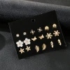 9 pairs/set trendy ethnic golden leaf flower butterfly simulated pearl rhinestone stud earring