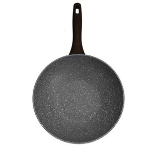 Aluminum forged wok with nonstick marble coating wooden coating handle and induction function