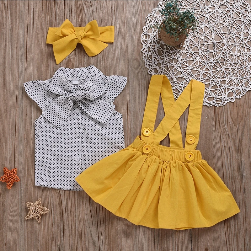 Baby Clothes Outfits 3 Colors Girls Dot Print Shirts Suspender Skirts Bow Headband 3Pcs Boutique Toddler Clothes For Summer M198