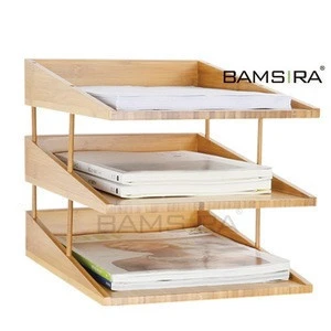 Bamboo 3 tier stackable desk document letter organizer file trays /Bamsira_Factory