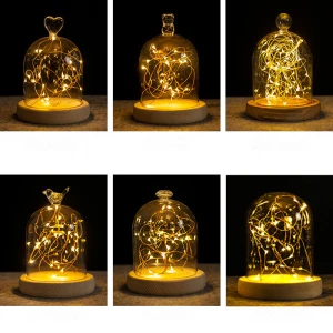 best selling mouth blown cloche glass dome with led light wooden base