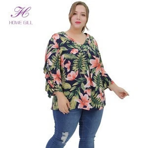 Big Size Plus Size Long Sleeve Printed Hawaii Fat Women Casual Tops Blouses