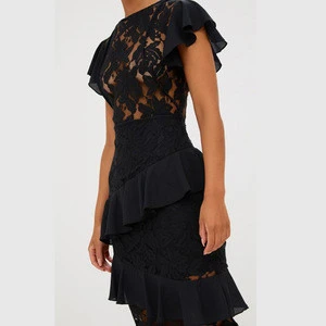 Black lace maxi dress chiffon sleeves and layered ruffles women evening dress