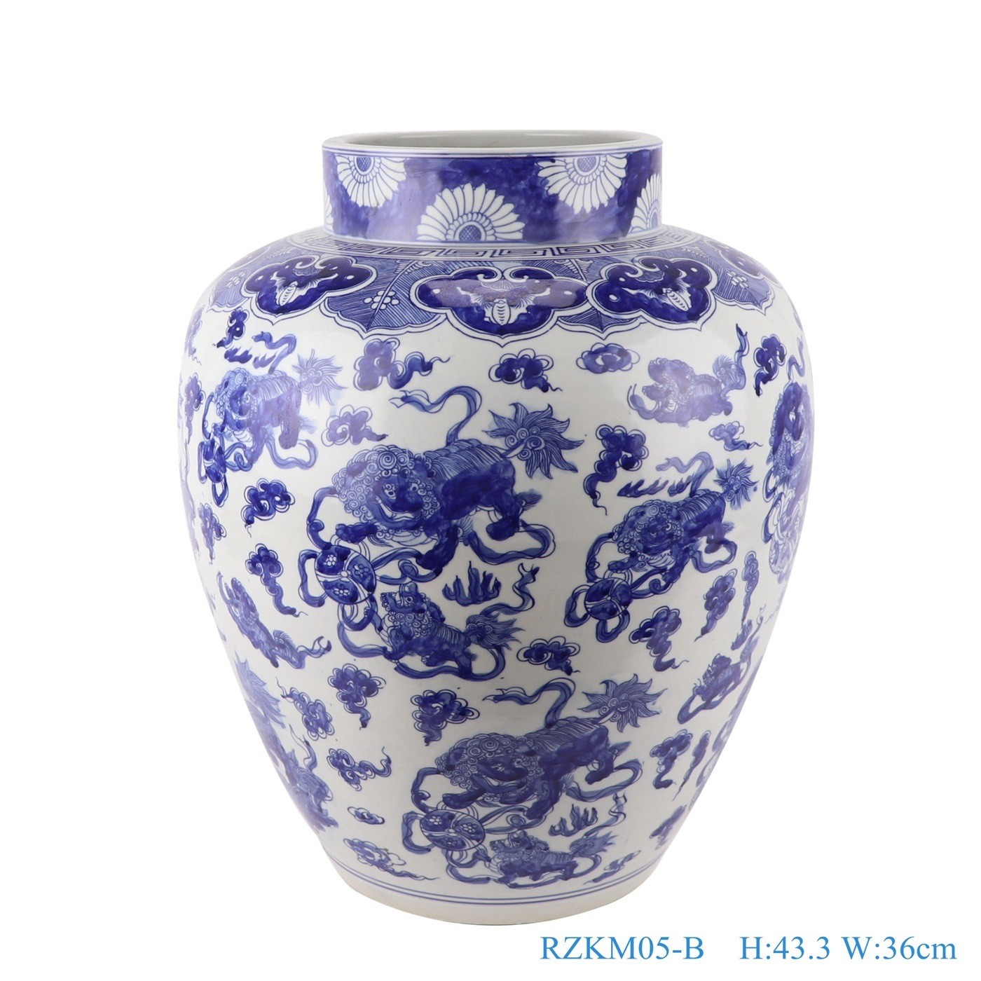 Blue and White Porcelain Handmade Lotus Lion Hydrangea Design Storage Ceramic Pot