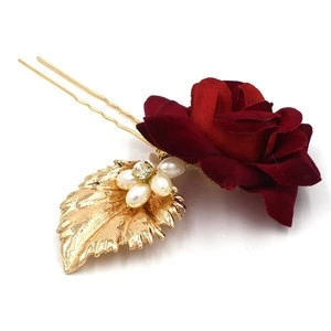 Bridal Hair Clip Red Flower Hair Clip Hairpin rose Headdress Wedding Bridal Accessories with pearls