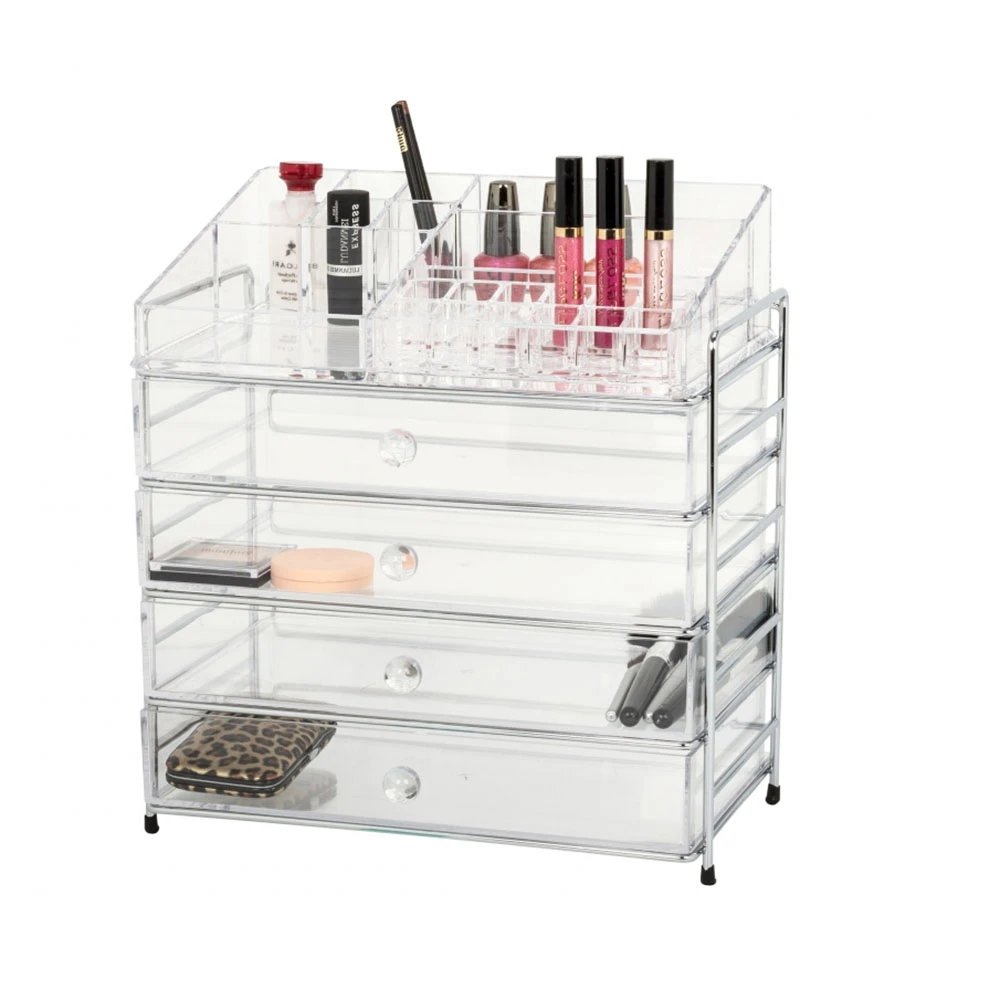 clear plexiglass 4 drawers makeup counter display case 5 tier acrylic cosmetic organiser with brass frame
