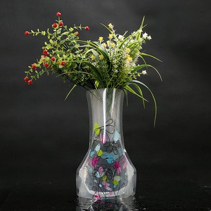 Customized logo unbreakable folding white plastic flower vase with decorating