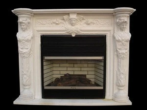 Decorative beige marble fireplace mantel