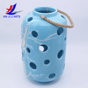 DEHUA Ocean Ceramic hurricane lantern with stainless steel handle