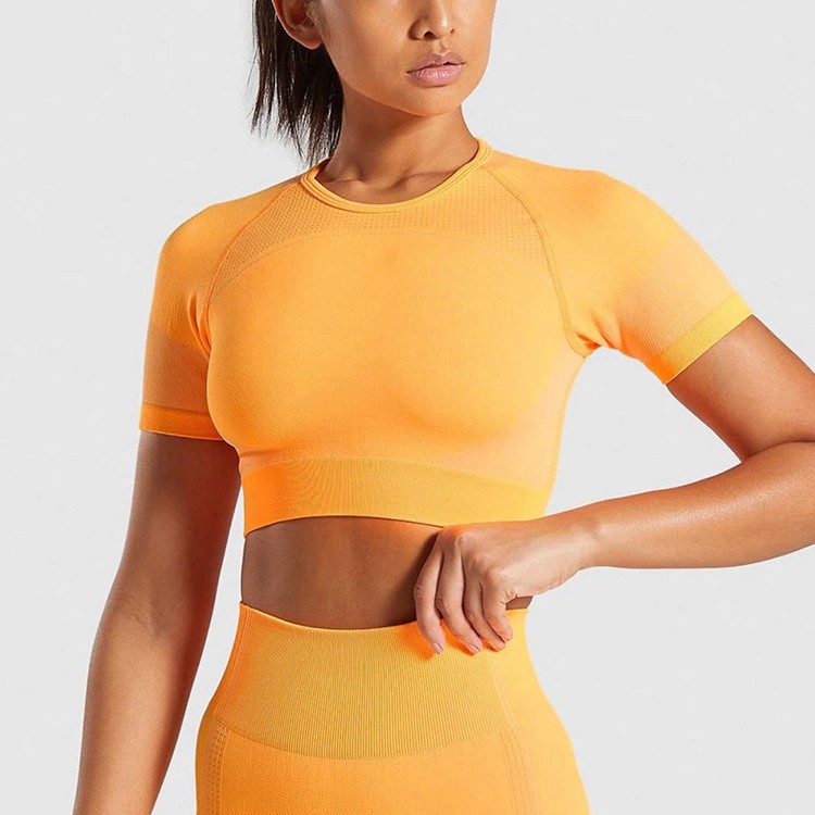 Explosion Plain Yellow Short Sleeve Crop Tops Yoga Sets Fitness Sports Wears Gym  Workout Clothing