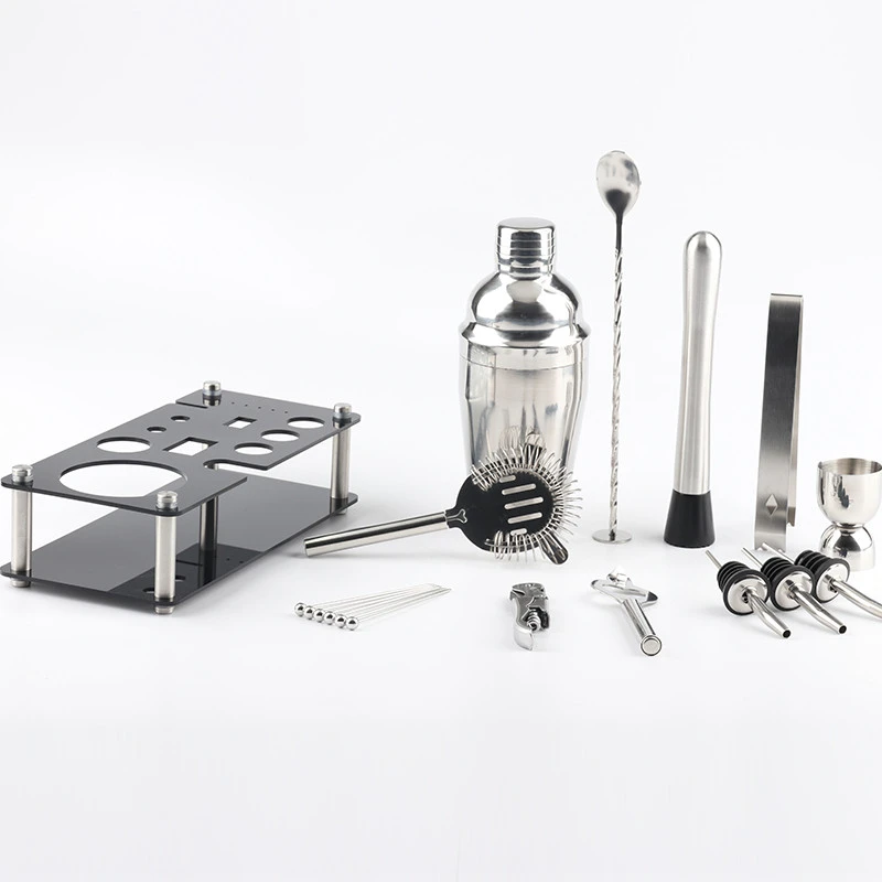 Factory direct 17-piece cocktail shaker set with black acrylic frame bartender equipment bar supplies