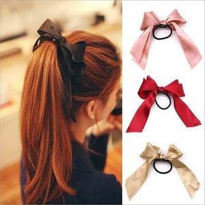 Factory Manufacture Cheap Wholesale Beautiful Satin Ribbon Tied Scrunchie Ponytail Hair Accessories Bow Elastic Hair Bands