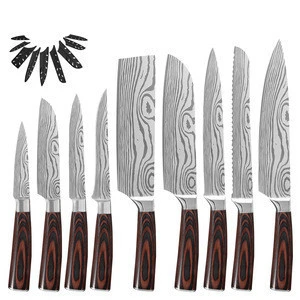 Free Shipping Carbon Steel Damascus Pattern Blade Profession 9pcs Japanese Chef Wood Handle Sharp All in One Kitchen Knife Sets