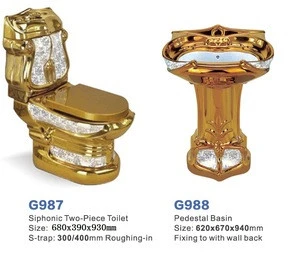 Golden color commode bathroom set gold wc toilets bowl and pedestal basin for Luxury hotel