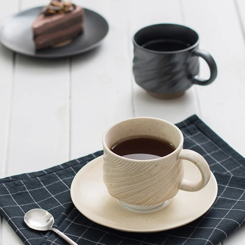 Handmade Stoneware Coffee Cup with Saucer Set Household Ceramic Mug Couple