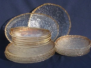 Heavy hand crafted crystal clear rough textured pattern glass dinnerware gold edged salad plates dishes