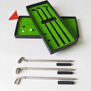 High Quality Novelty Funny Portable 3PCS Mini Golf Clubs Ball-point Pen Set with Balls Flag Stationery Decorations