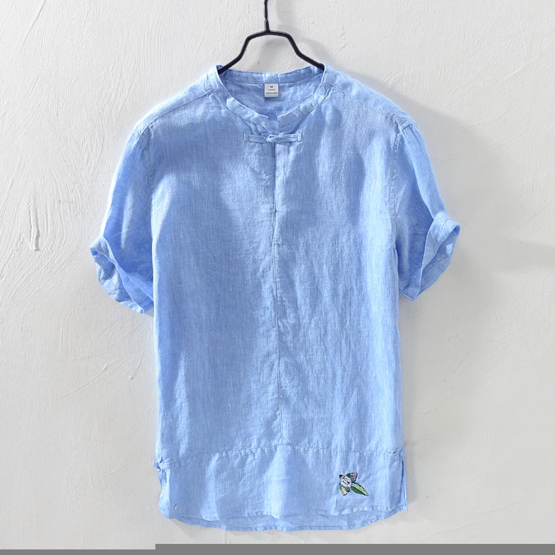 hot sale popular embroidery linen short sleeve man shirts