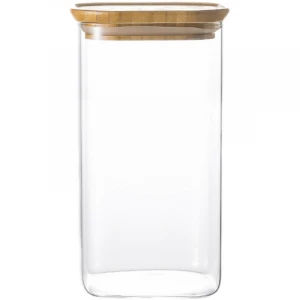Hot sale square borosilicate storage glass jars with bamboo cover kitchen jars storage