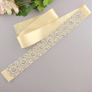 Hot Selling Bridal Belt with pearl Beads Flower Ribbon Belt,High Quality Boho Rhinestone Belt for Women Dresses