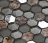 Hotel Exterior Decoration Walls Hexagon Black Granite Marble Stone and Glass Mosaic Tile