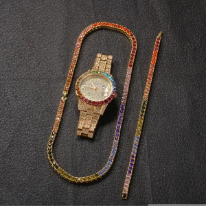 Ins Three-piece Set Alloy Color Diamond Watch 8inch Bracelet 20inch Necklace Hip-hop Jewelry