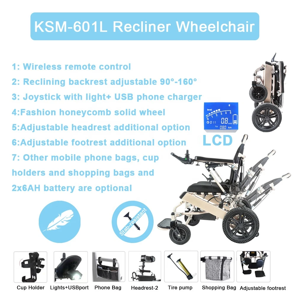 KS Manufacturers Reclining Remote Electric Wheelchair with Newest LCD Joystick Controller, Bag and Wheels Wheel Chair Sell