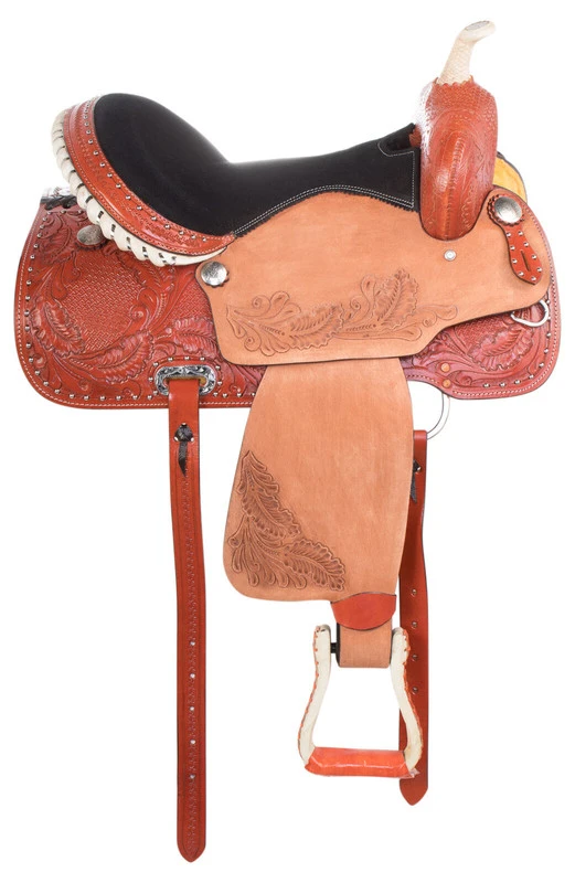 Leather Western Barrel Racing Horse Saddle Tack with Matching, Headstall, Breast Collar, Reins D29(Size 14"-18")