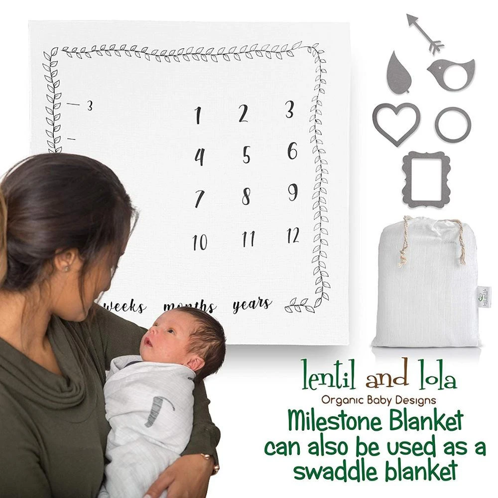 Lentil and Lola Monthly Milestone Blanket |100% Organic Muslin | 6 Photo Props + Carry Bag | Monthly Blanket for Baby Pictures |