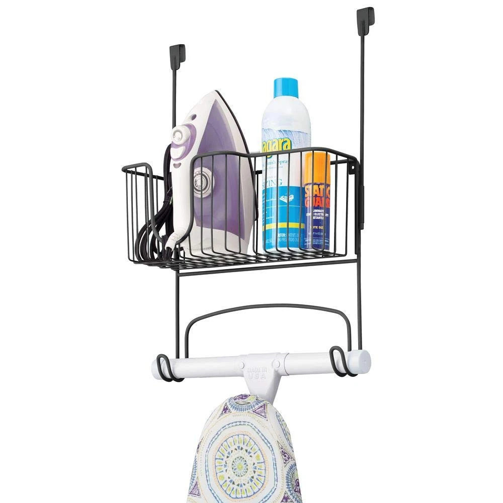 Metal Matte Black Over Door Ironing Board Holder with Large Storage Basket for Laundry, Utility Room