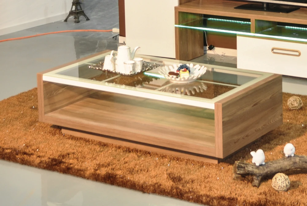Modern fashion home living room furniture wood tea table tempered glass mirror top coffee table.