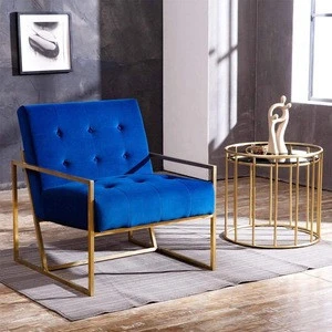 Modern Living Room Chairs Upholstery Navy Velvet Tufted Designer Accent Chairs Golden Fabric  Lounge Chair Metal