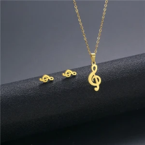 Musical Note Pendant Necklace Sets Stainless Steel Gold Plated Women Jewelry Set