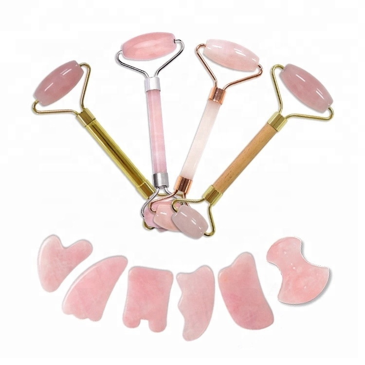 Natural Double Head Jade Stone Skincare Tool pink Jade Roller set , Face Massage Roller rose, Facial Beauty Massager