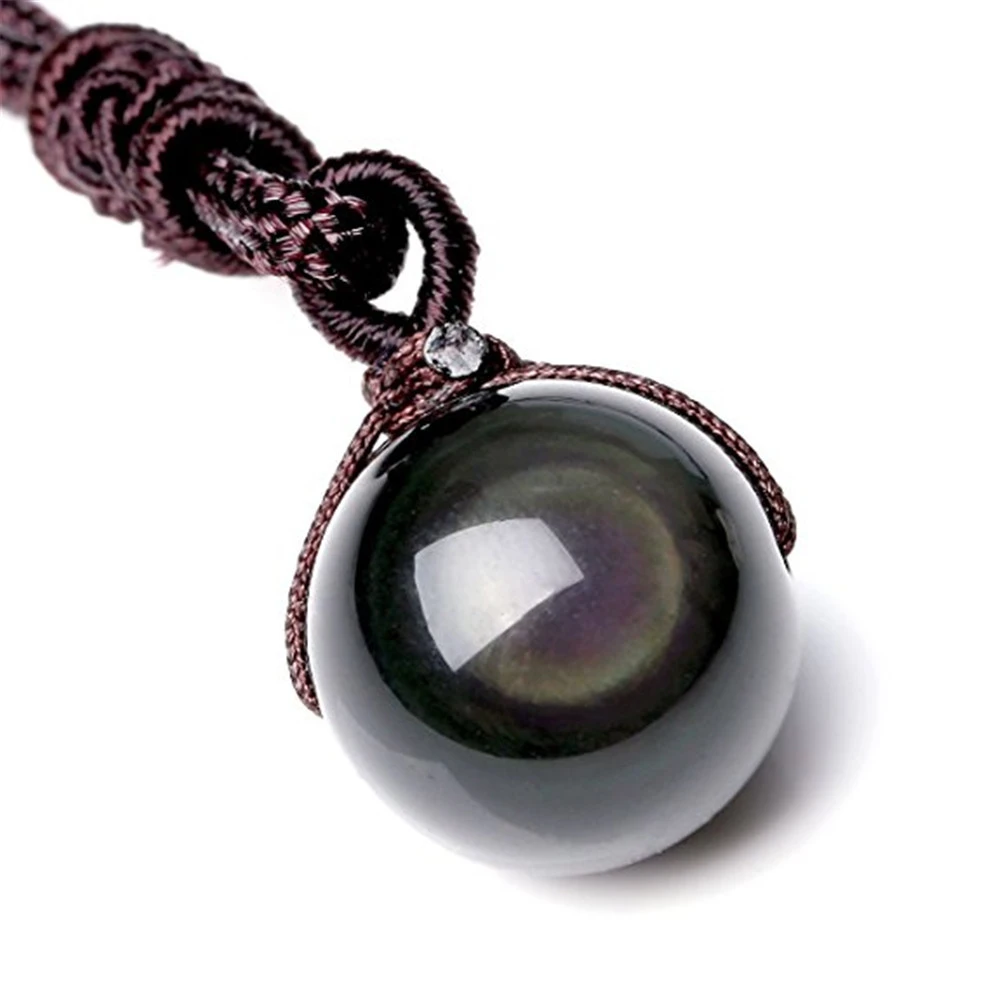 Natural Stone Pendant Necklace With Black Obsidian Rainbow Eye Beads Ball Woven Rope Chain  Evil Stone Jewelry