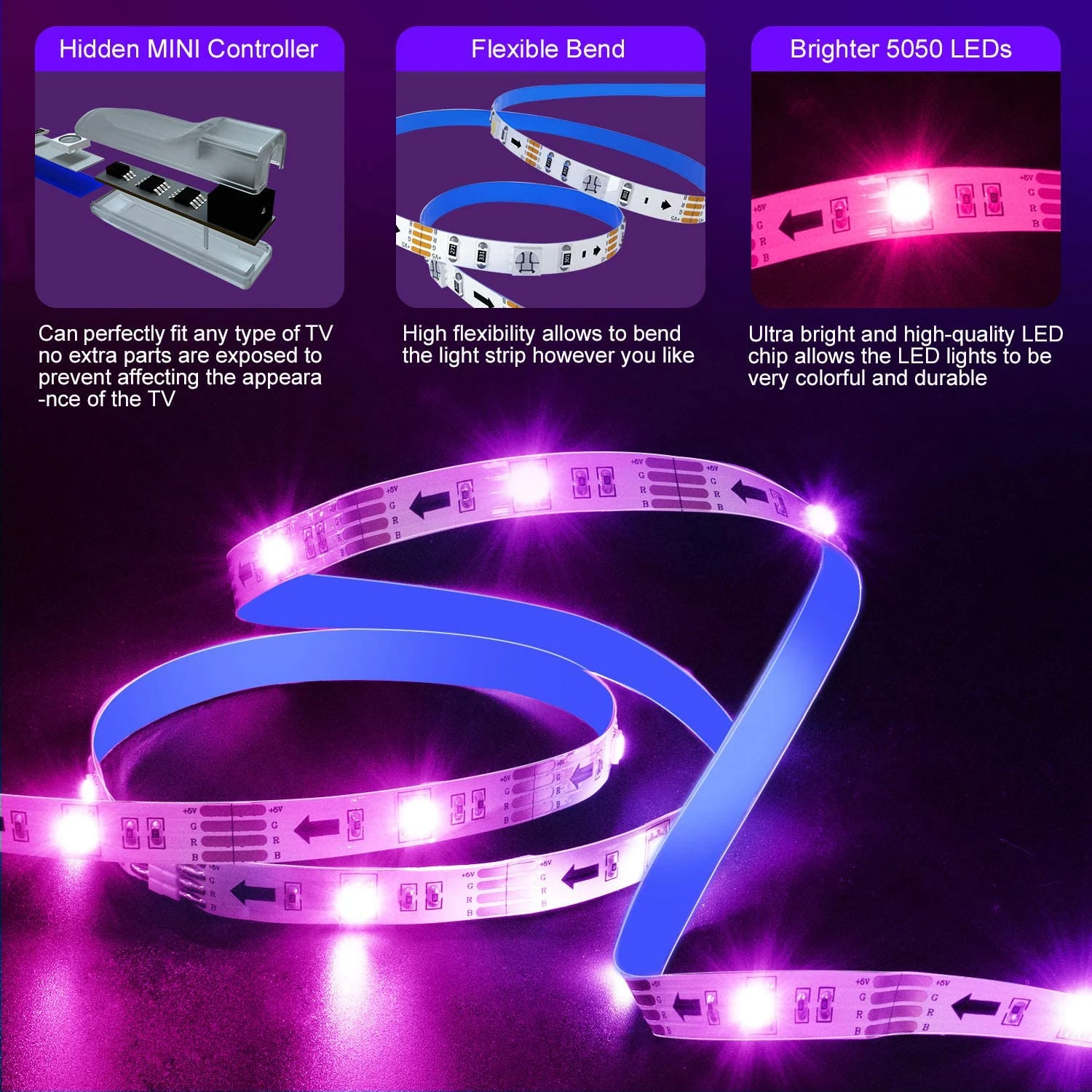 new design 16 COLOR SELECTION LED Strip TV Back light 5M music voice Control USB Powered LED Light Strip with RF Remote