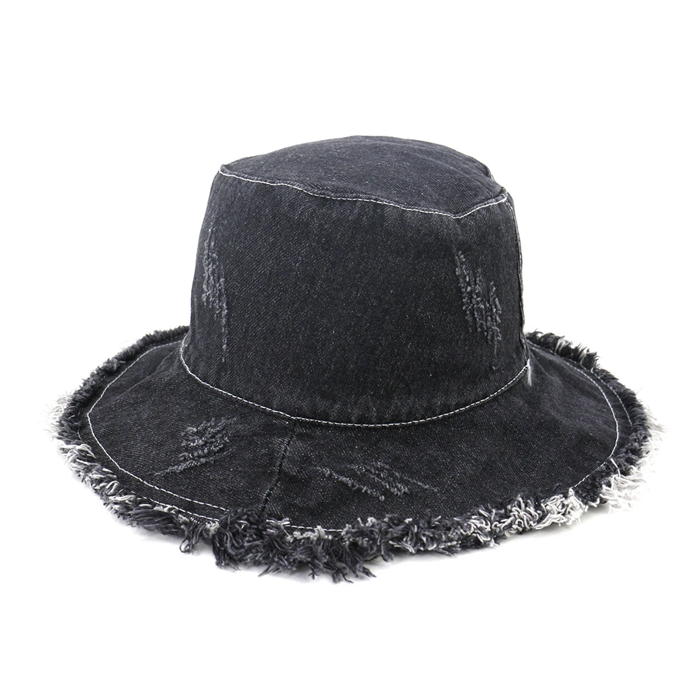 new design custom wholesale cotton denim washed bucket hat for women with raw edge
