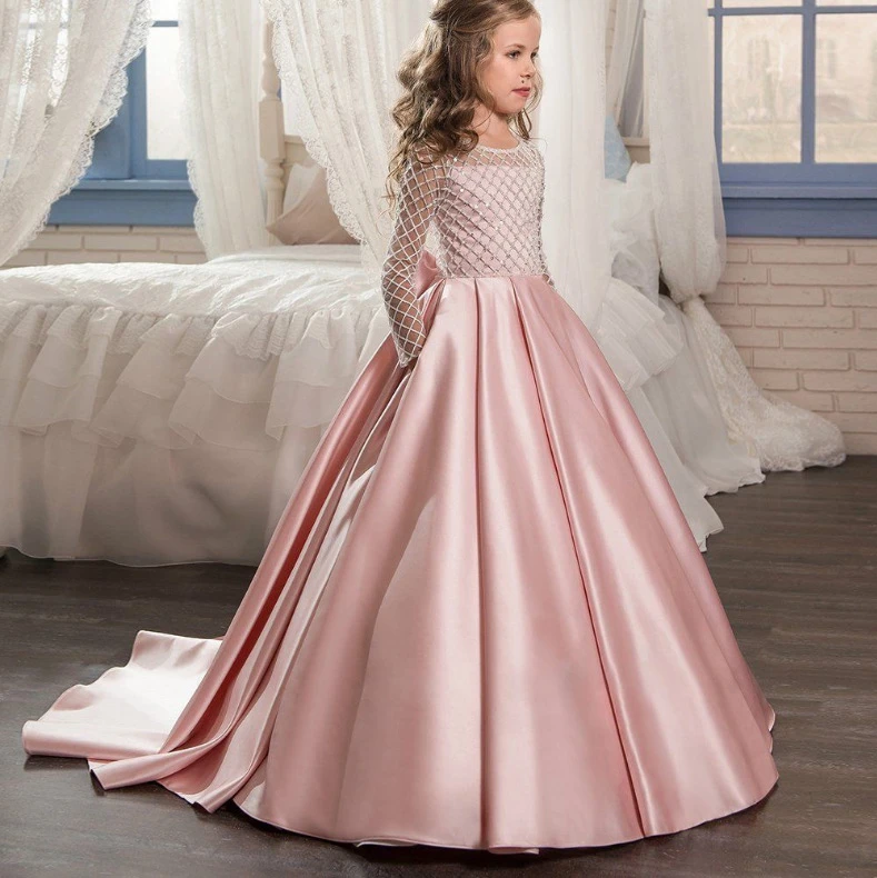 Nimble Luxury Custom Made Long Sleeve Satin Ball Gown For Kids Long Tail Big Bow Elegant Flower Girl Dresses Wedding