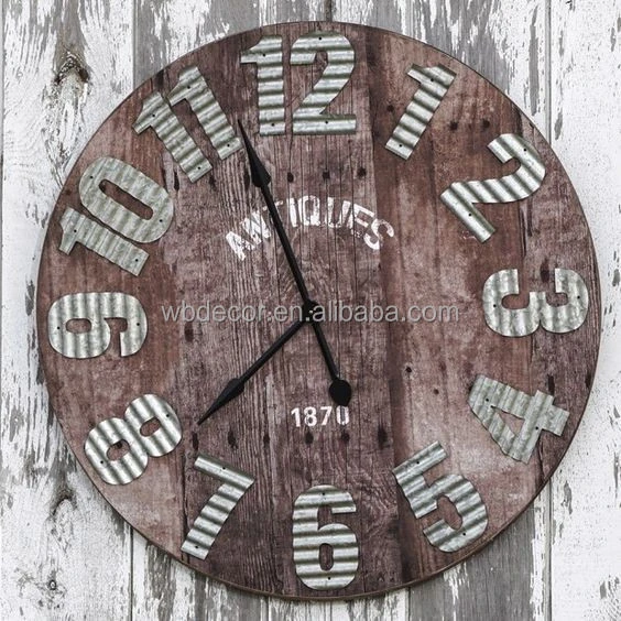 Oversize Retro round clock with galvanized hand ,Industrial Farmhouse Office Moodboard Retra Wall Clock, Large wooden wall clock