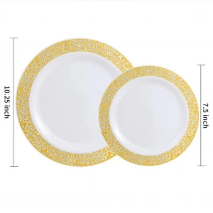 Plates Sets Dinnerware Gold Lace Design Rim Plastic Dinnerware Set 25Each=7.5"Dessert Plate+10.25"Dinner Plate+Knife+Fork+Spoon