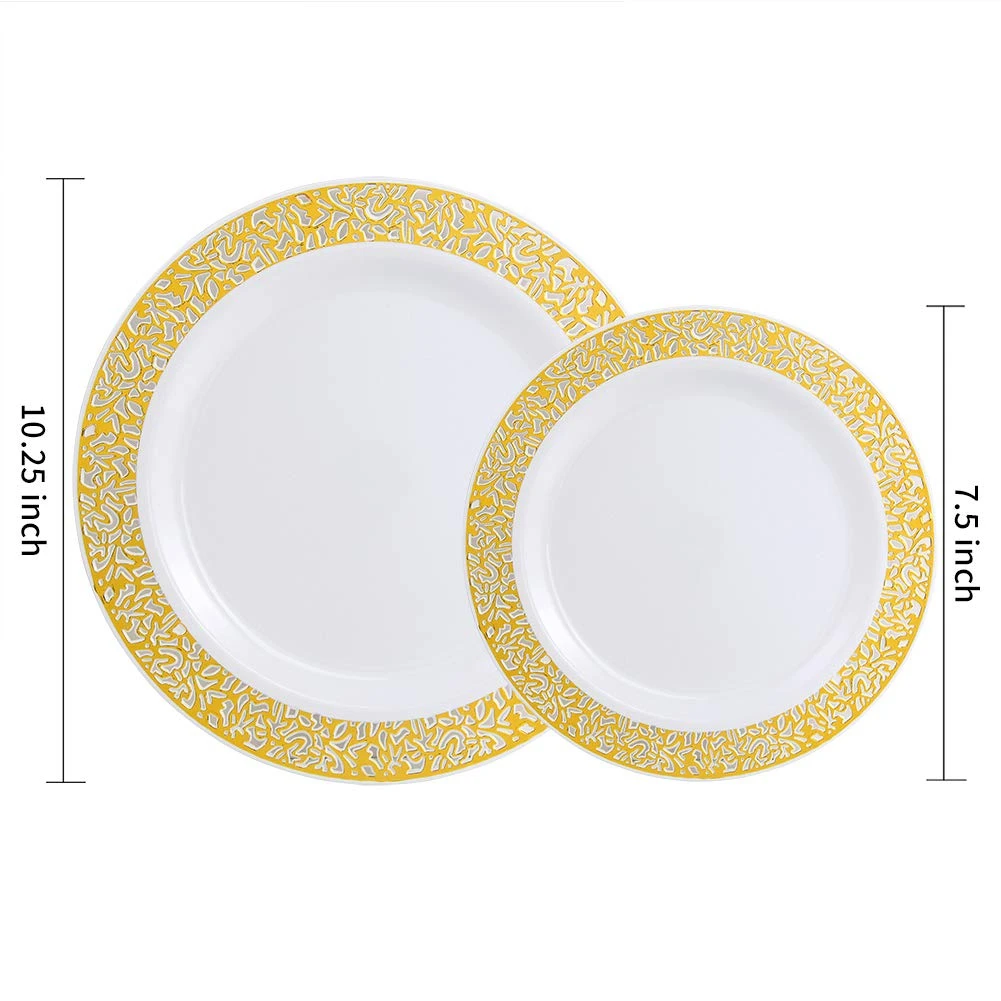 Plates Sets Dinnerware Gold Lace Design Rim Plastic Dinnerware Set 25Each=7.5"Dessert Plate+10.25"Dinner Plate+Knife+Fork+Spoon