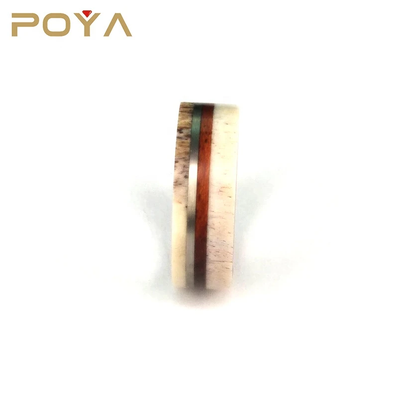 POYA Jewelry 8mm Inlay Wood and Deer Antler Tungsten Carbide Wedding Band Ring