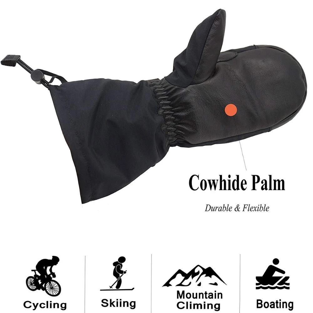 PRI Black Genis Cowhide  Waterproof Leather Insulated Winter Ski Gloves Ski Mittens