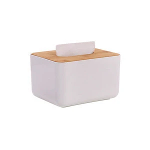 Promotion Cheap Plastic Nordic Style White Rectangular Napkin Tissue Box with Bamboo Lid