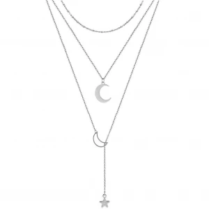 Simple Design Stainless Steel Moon and Star Pendant Charm Necklace