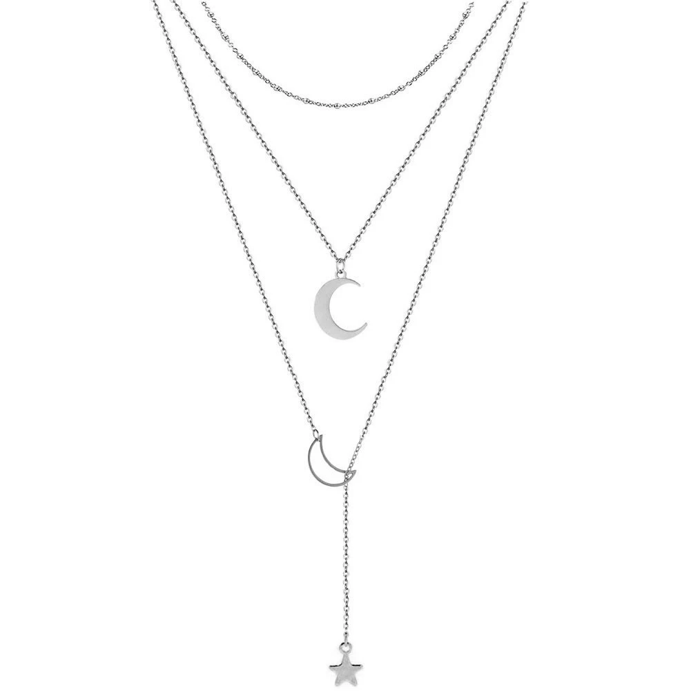 Simple Design Stainless Steel Moon and Star Pendant Charm Necklace