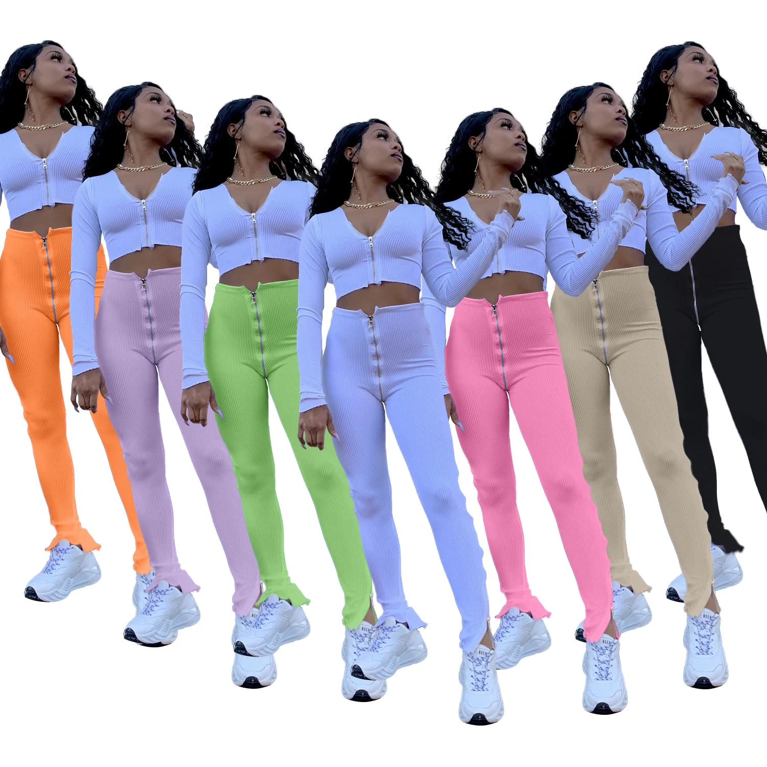 Spring 2021 high waist zipper casual fitness fashion womens trousers pants with split
