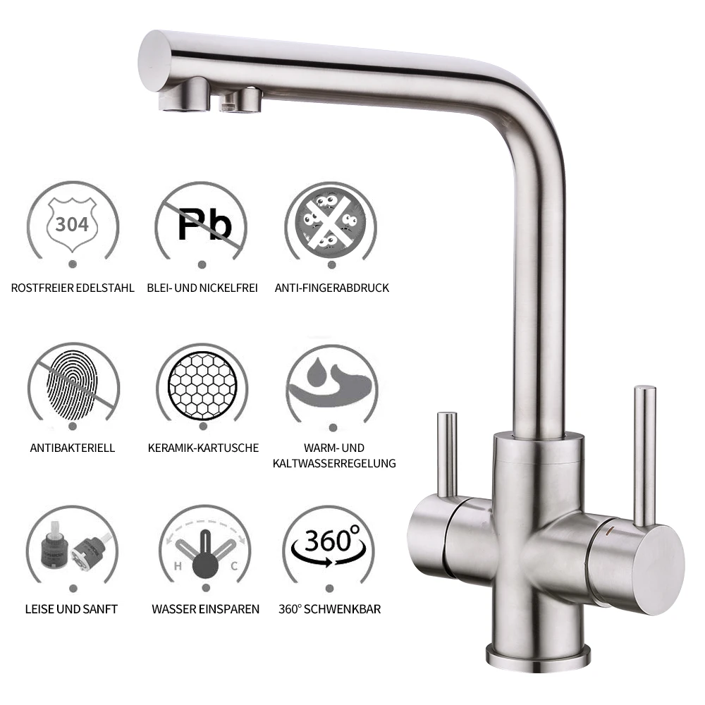 Stainless steel lead free Water tap osmosis 3 ways kitchen faucet